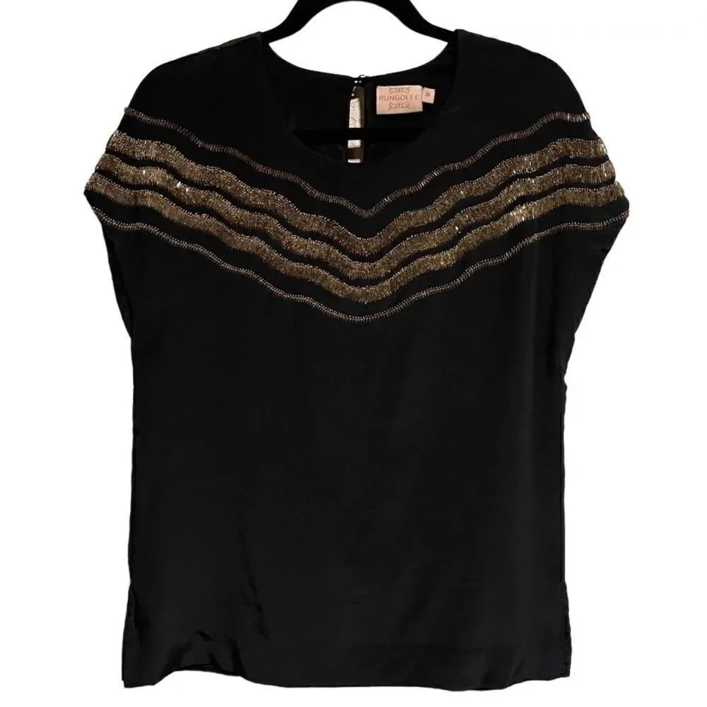 RUNGOLEE- Women’s Black Silk Blouse w Gold Beaded Design, Size Small - Picture 9 of 9